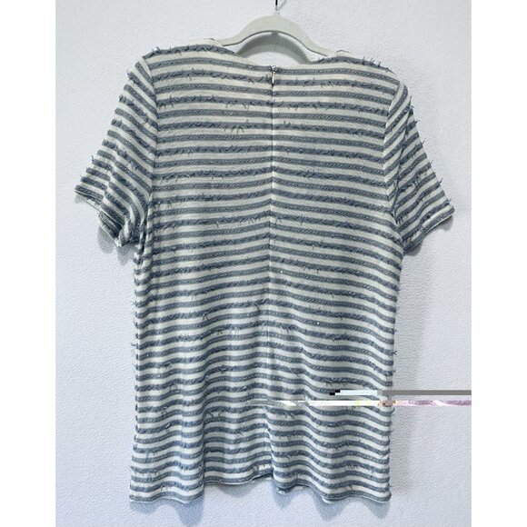 Talbots Top Womens 1X Gray Fringe Metallic Sequin Striped Short Sleeve Boho - Picture 3 of 6